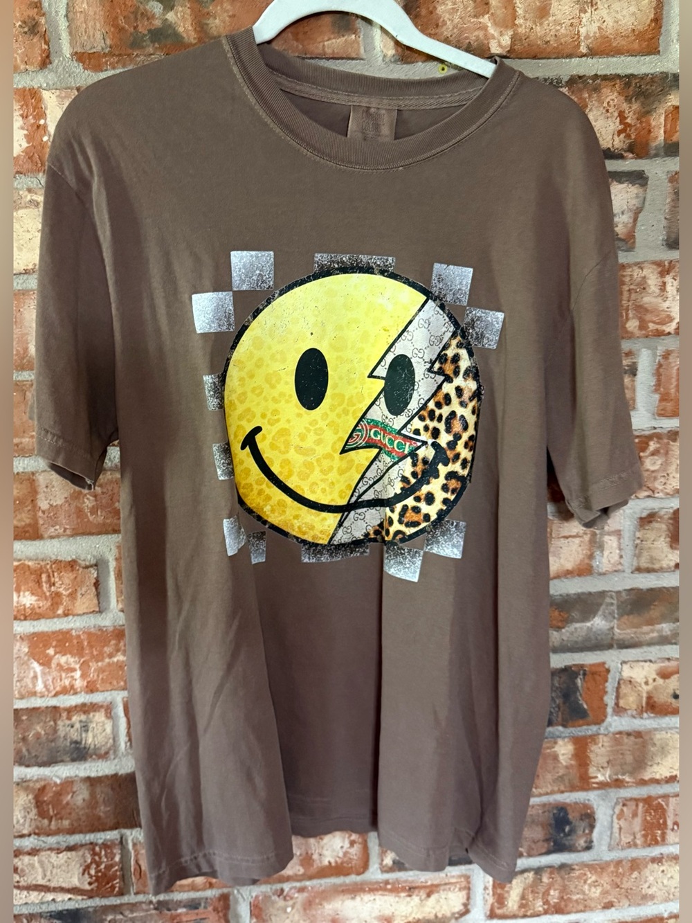 Comfort Colors Brown Graphic Smiley Tee with Yellow Leopard Accent